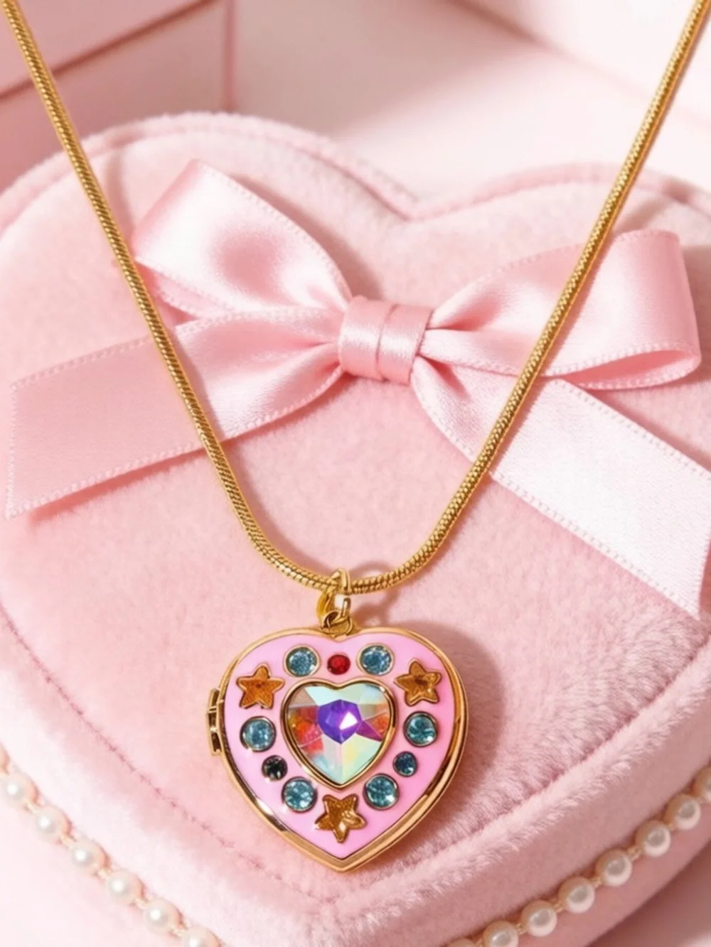Gold-Tone Pink Heart Locket Necklace with Multicolor Crystal Center
